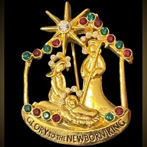 Vintage Good Christmas Brooch Pin Nativity Baby Jesus Star Rhinestone Camco